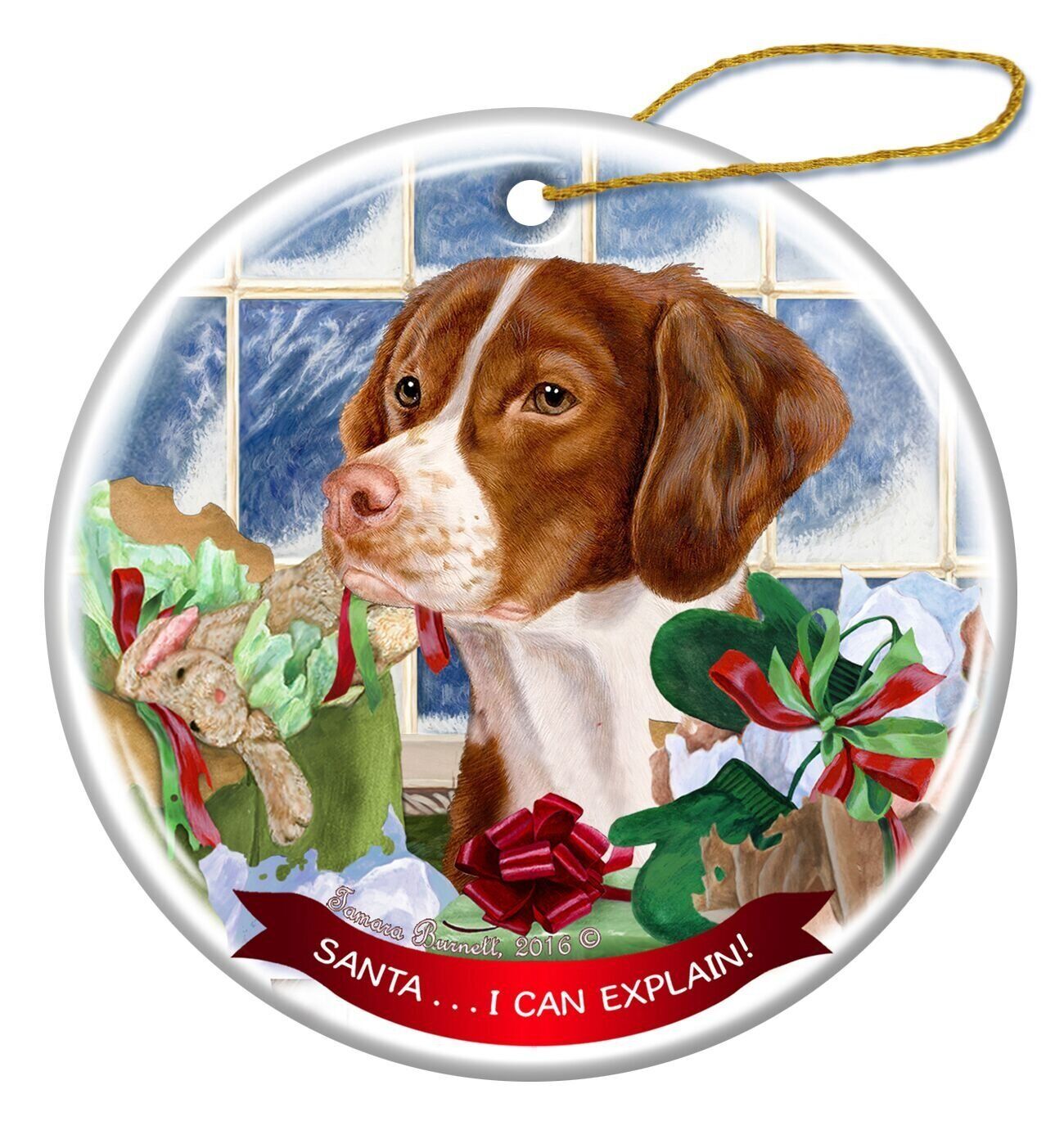 Orange and White Brittany Dog Porcelain Ornament 'Santa.. I Can Explain!'