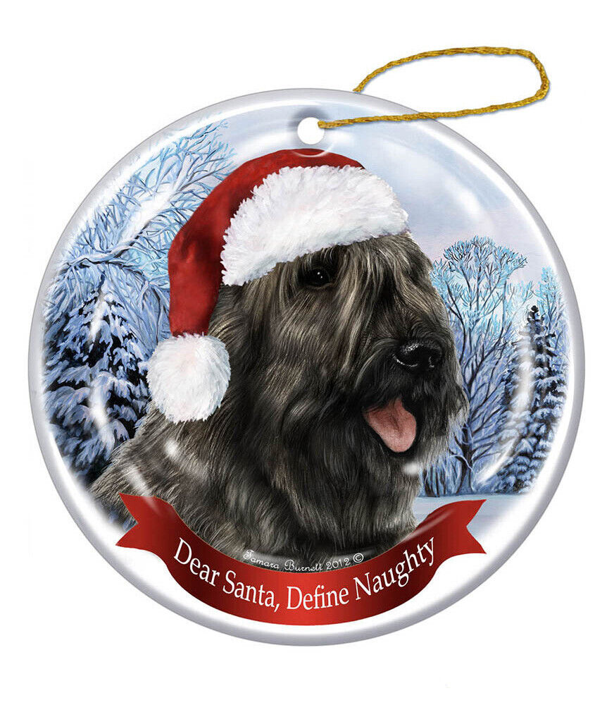 Holiday Pet Gifts Bouvier Grey Santa Hat Dog Porcelain Christmas Tree Ornament