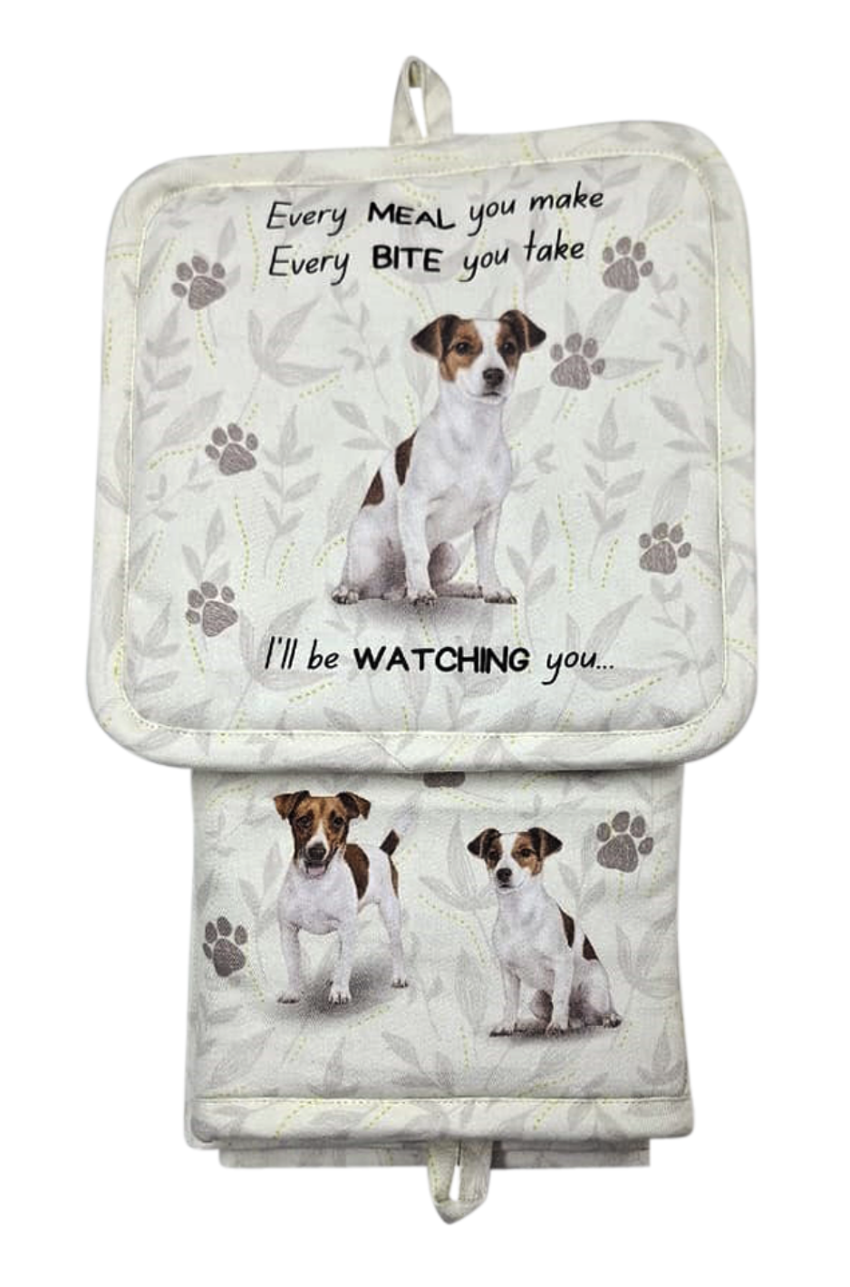 E&S Pets Jack Russell Terrier 3 Piece Kitchen Set - Oven Mitt, Towel, Pot Holder