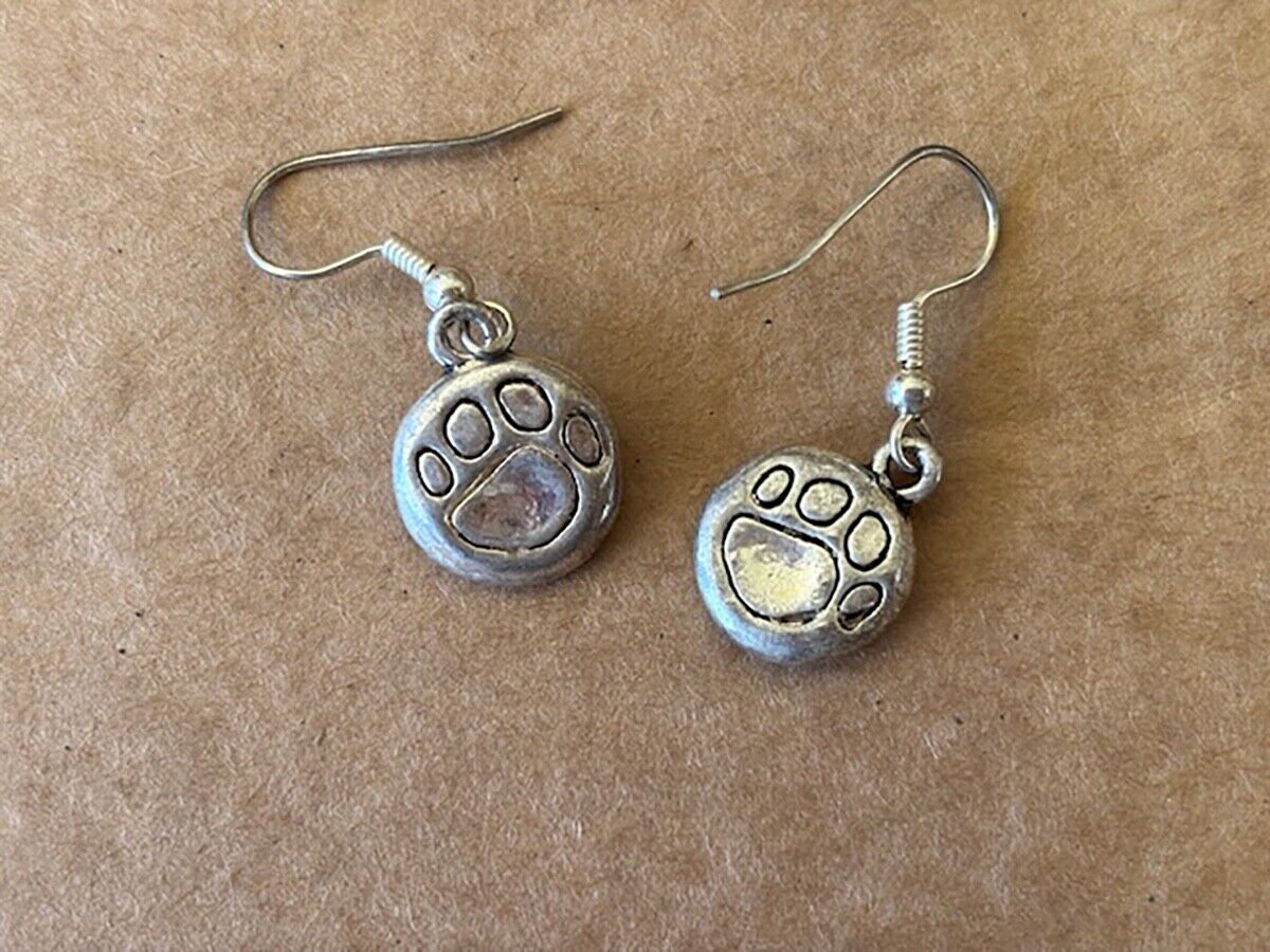 Black Enameled Paw Print Dog Cat Tiger Pewter Earrings, 1/2"