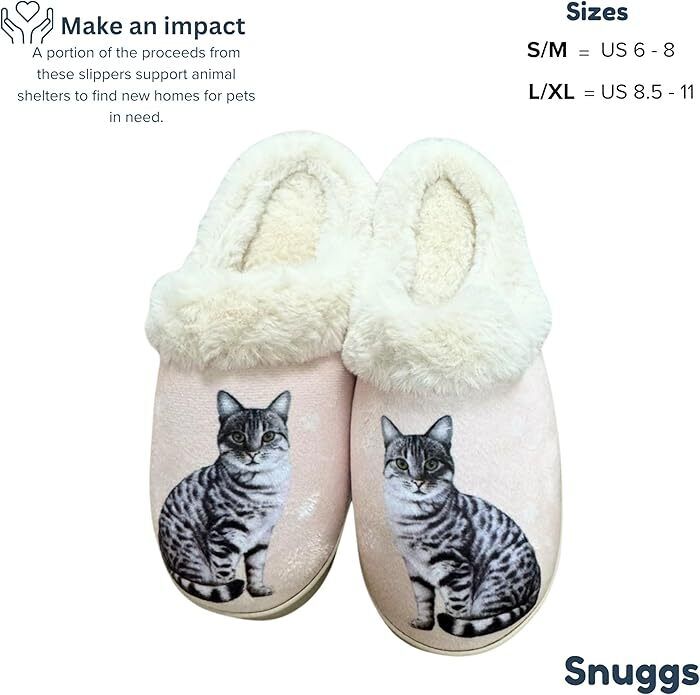 E&S Pets Silver Tabby Cat Snugg Slippers for Pet Lovers - Memory Foam, S/M