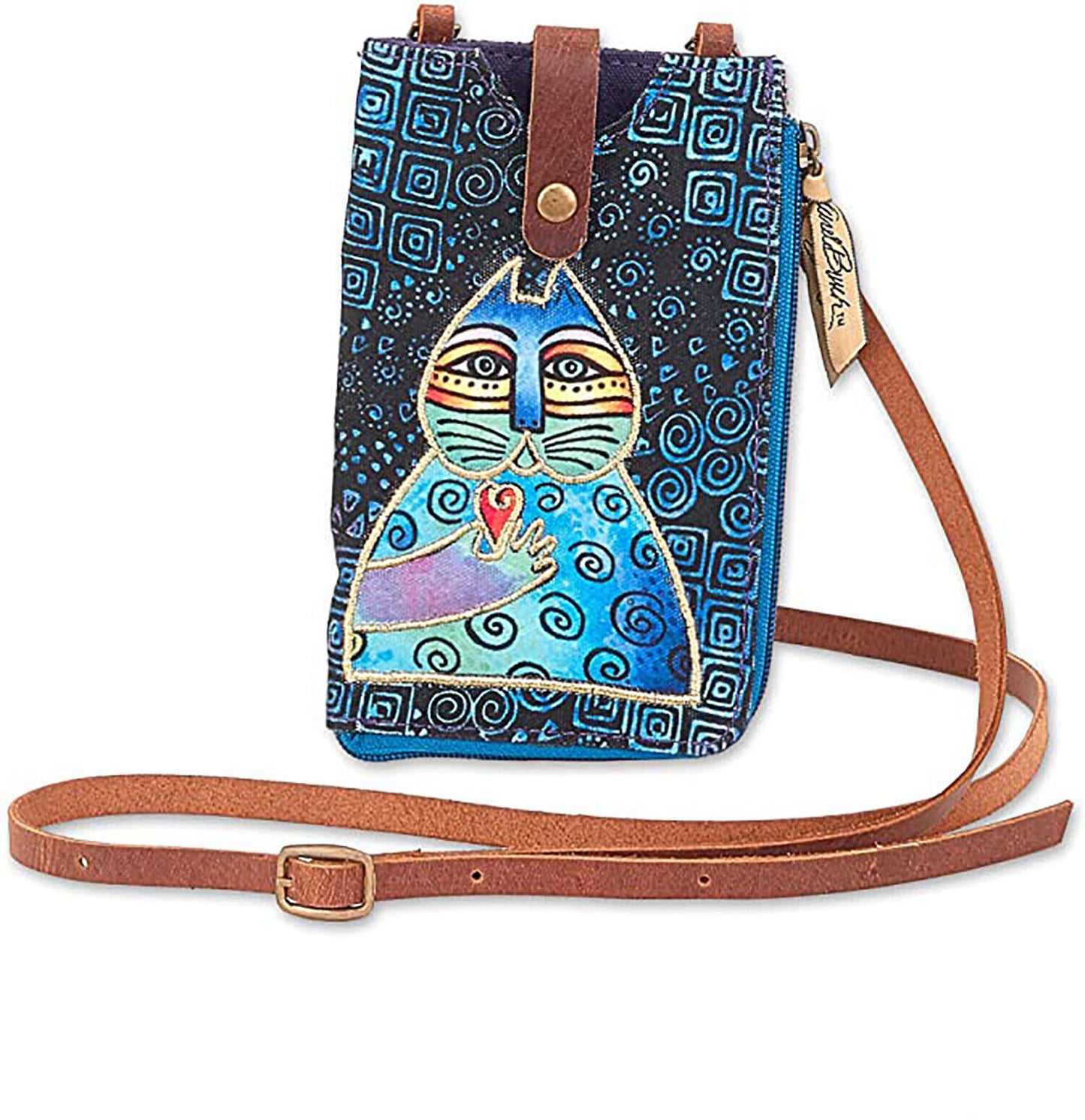 Laurel Burch Crossbody Cell Phone Purse - Wishing Love Canvas (A. Blue Cat)