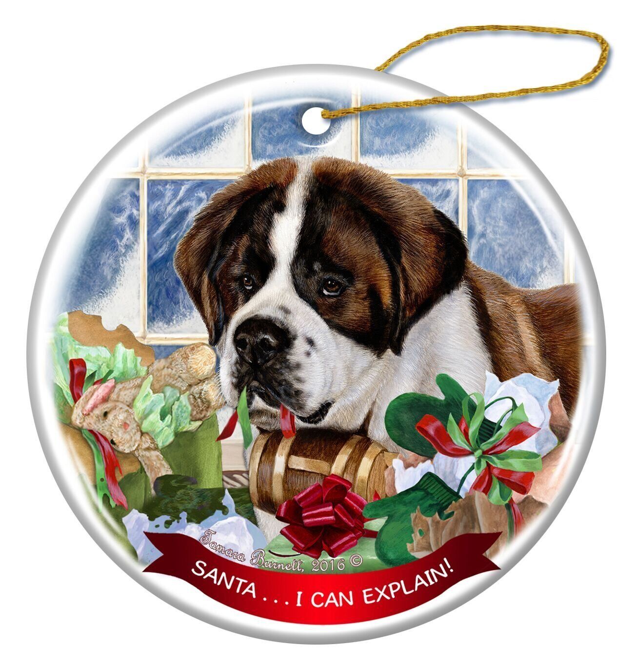 Saint Bernard Dog Porcelain Hanging Ornament Pet Gift 'Santa.. I Can Explain!'