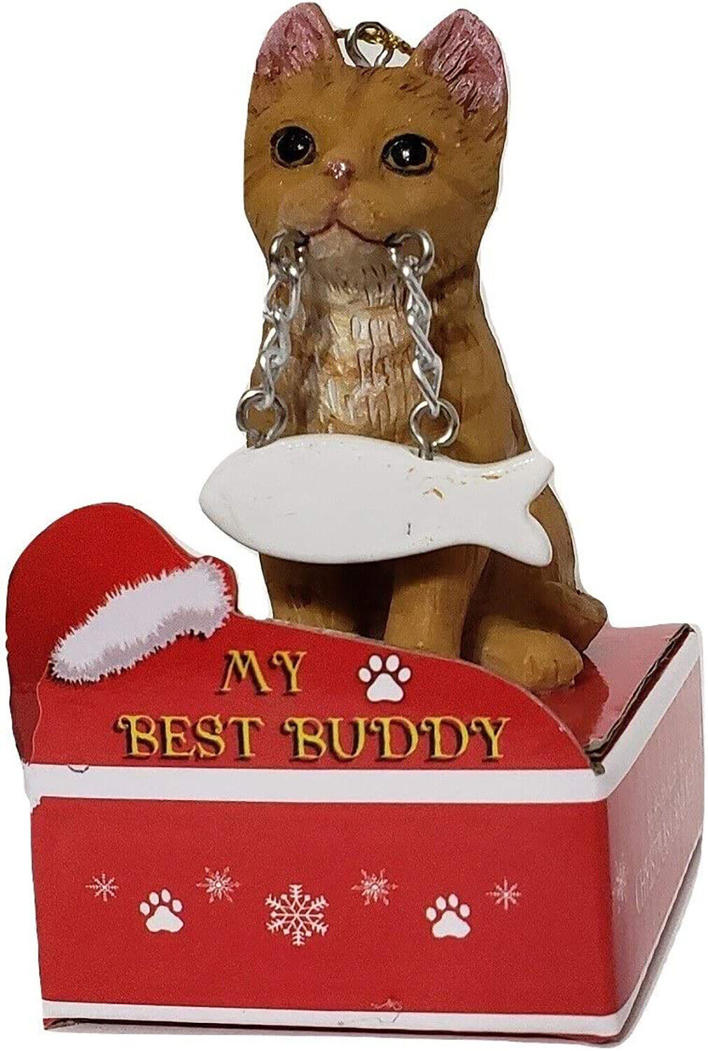 E & S Pets Orange Tabby Cat with Fish Christmas Ornament on Red Box Base