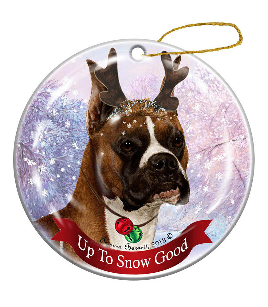 Holiday Pet Fawn Boxer Cropped Reindeer Dog Porcelain Christmas Ornament