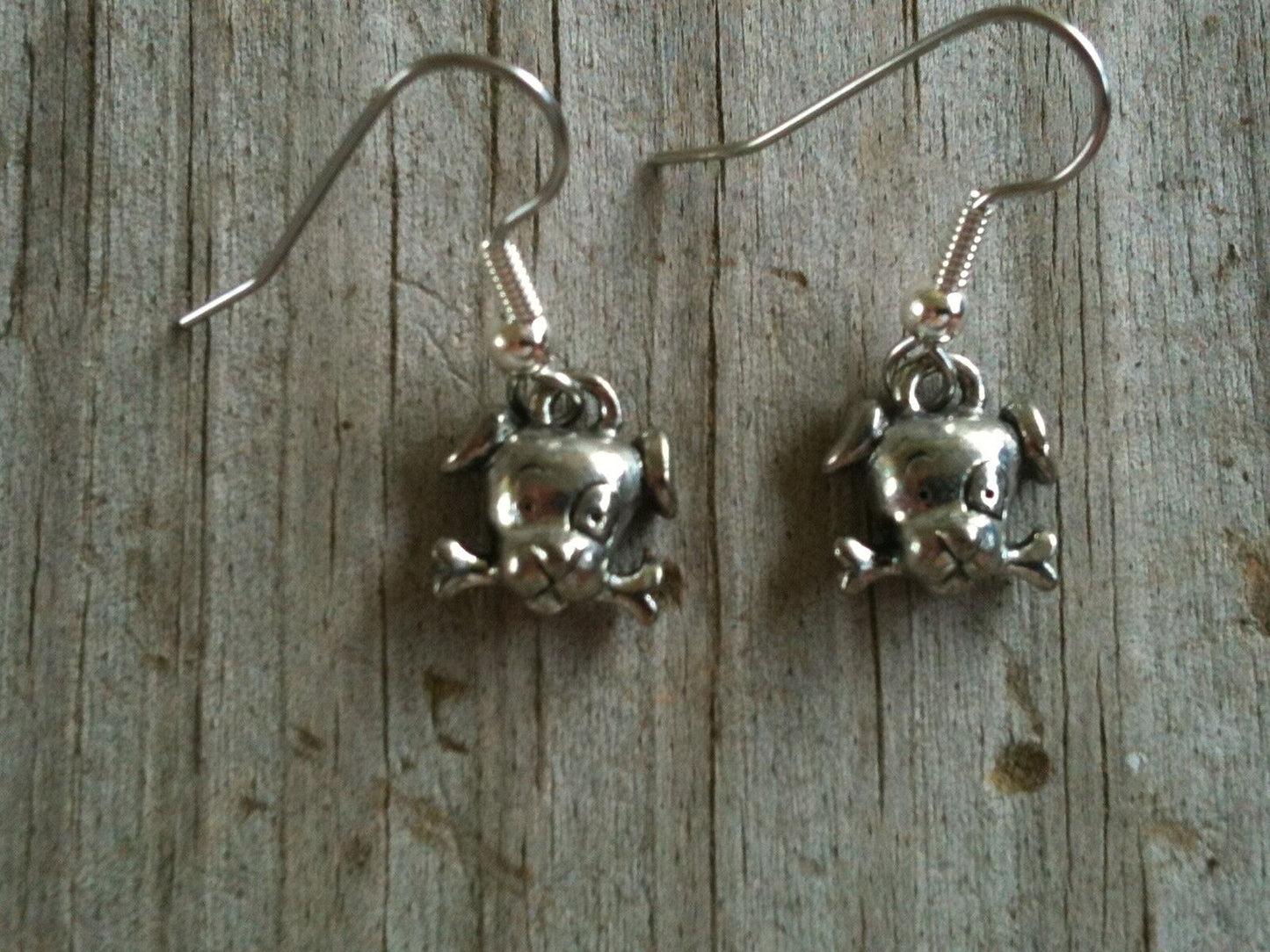 Cute Dog Head with Bone Silver Plated Lead Free Pewter Earrings