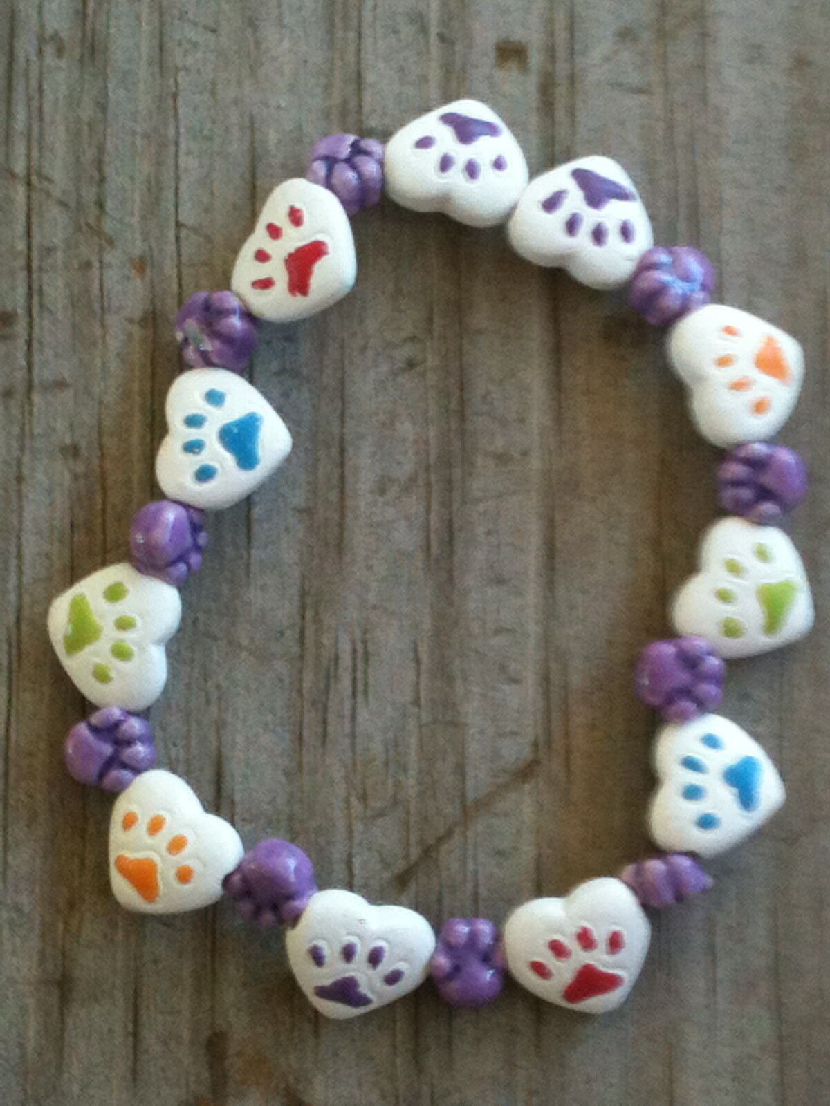 Hand-painted Ceramic Multicolored Heart Paw Print 6" Stretchy Bracelet