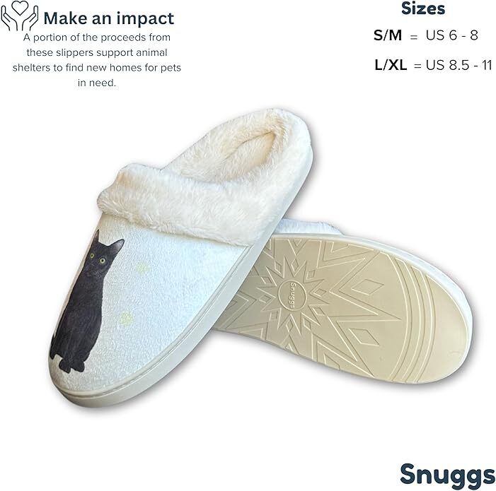 E&S Pets Black Cat Snugg Slippers for Pet Lovers - Fuzzy Memory Foam, L/XL