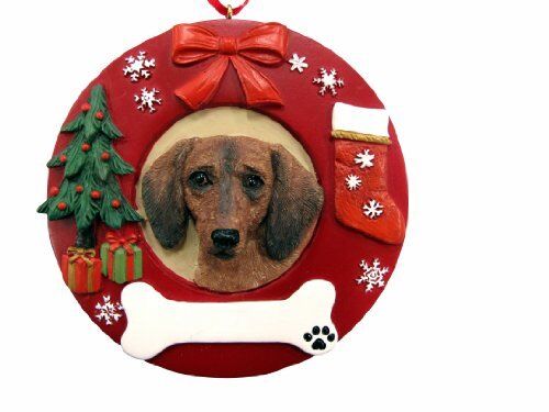 E&S Pets Red Dachshund Christmas Ornament Wreath Shaped Easily Personalized