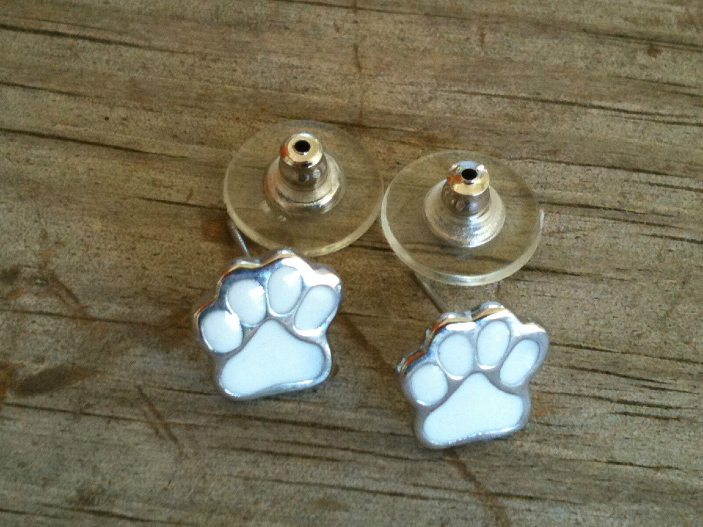 Small White Hand Enameled Paw Print Imitation Rhodium Plated Post Earrings
