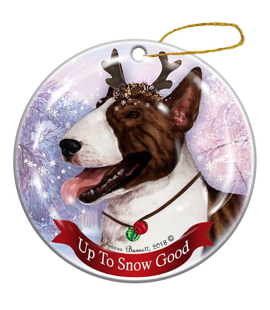 Holiday Pet Brindle Bull Terrier Reindeer Dog Porcelain Christmas Ornament