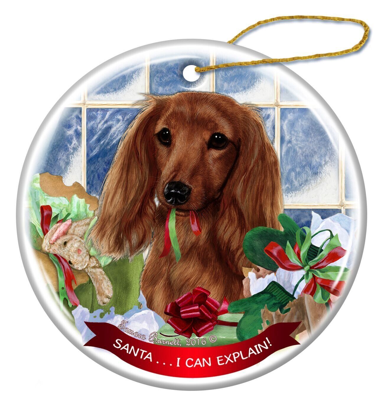 Long Haired Red Dachshund Dog Porcelain Ornament 'Santa.. I Can Explain!'