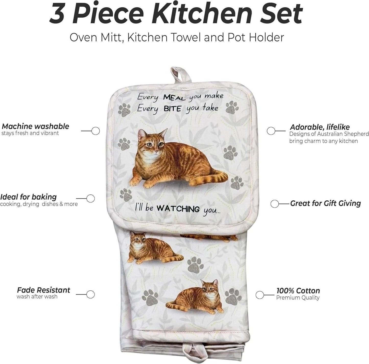 Tabby Orange cat 3-Piece Kitchen Set - Oven Mitt, Pot Holder & Kitchen Towel Set