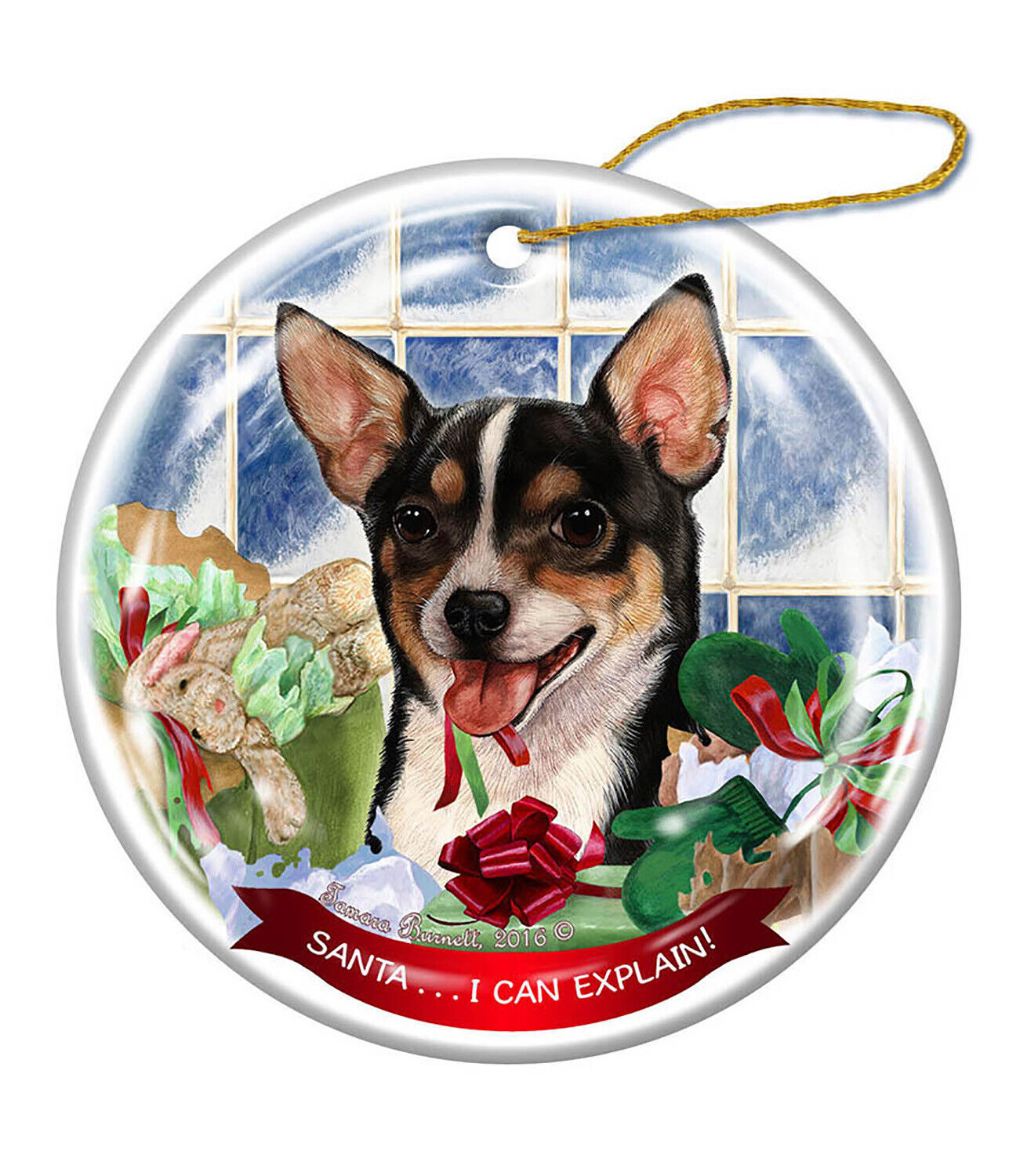 Chihuahua Short Haired Tricolor Porcelain Ornament 'Santa.. I Can Explain!