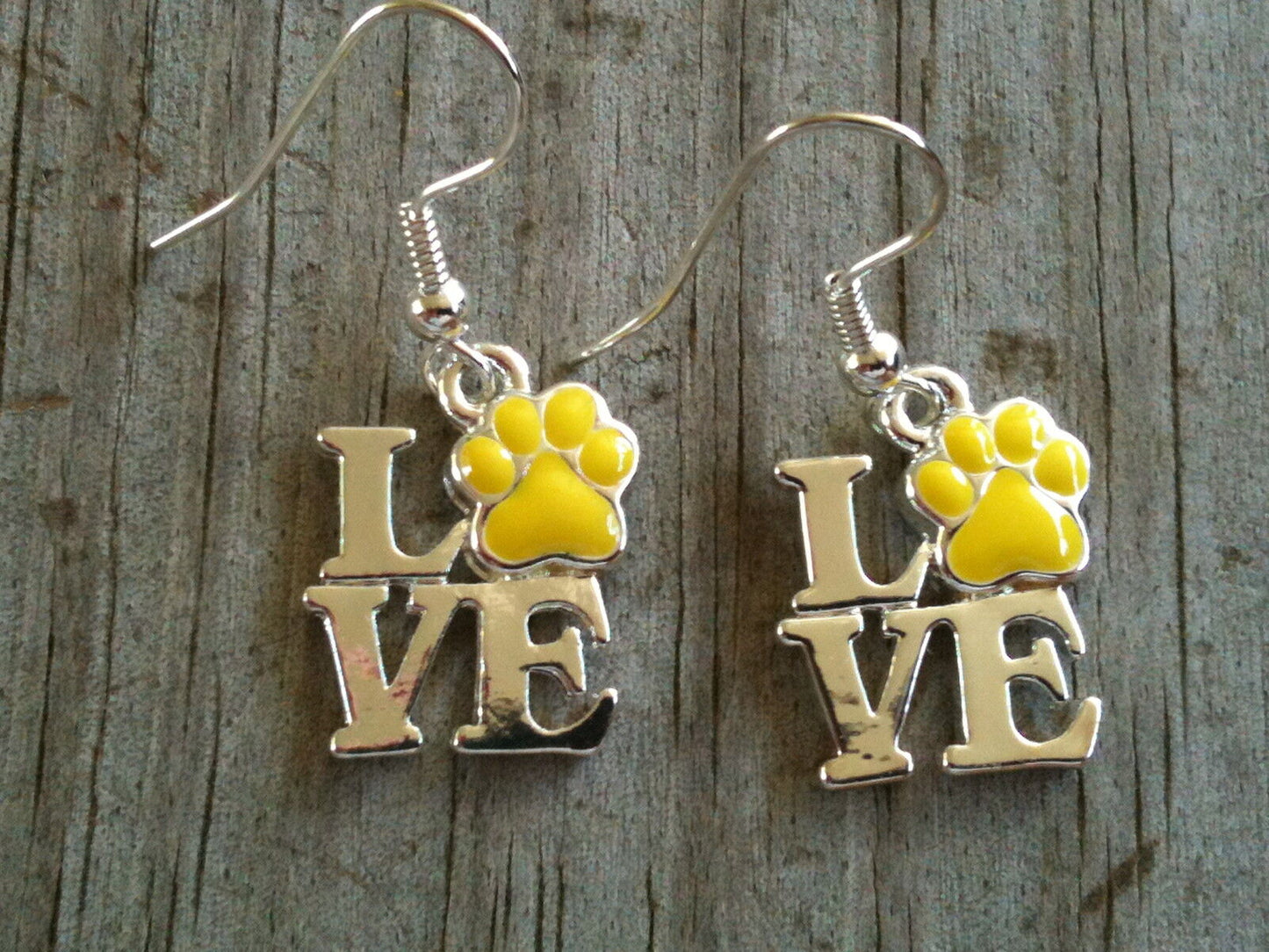 Silver Plated LOVE with Yellow Gold Hand Enameled Paw Print Earrings