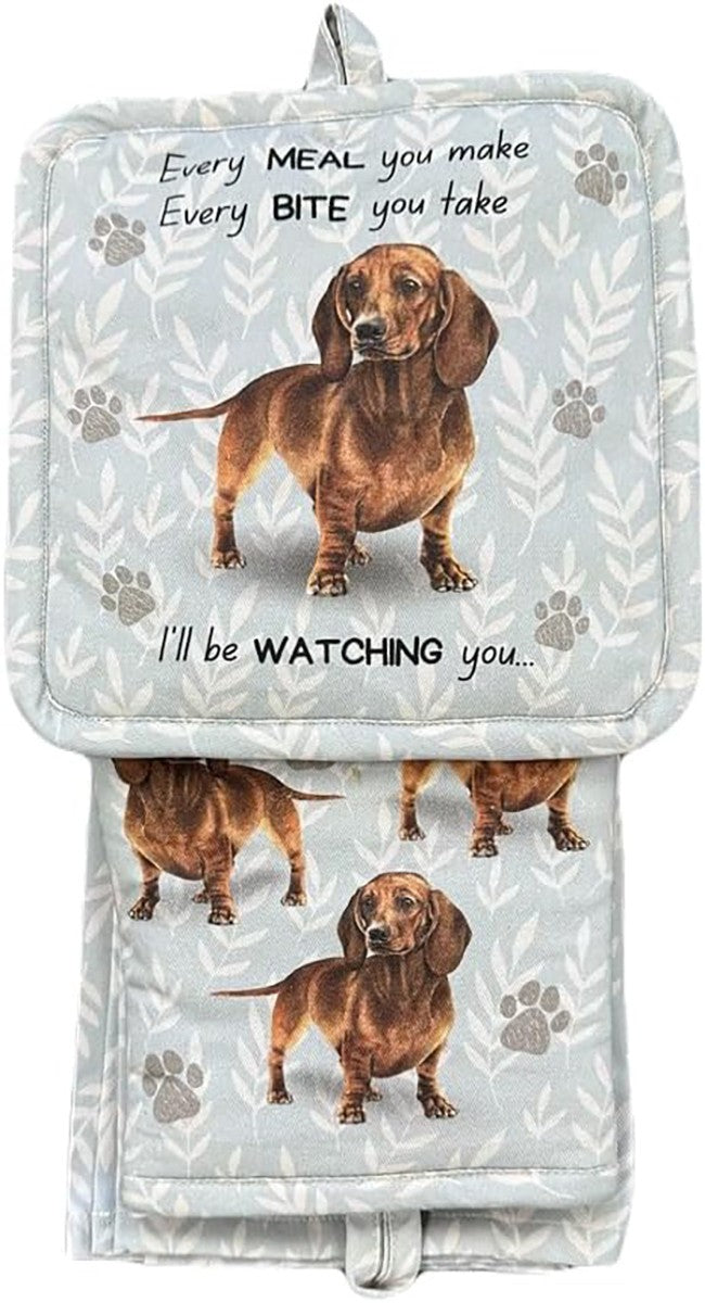 E&S Pets Red Dachshund 3 Piece Kitchen Set - Oven Mitt, Towel, Pot Holder