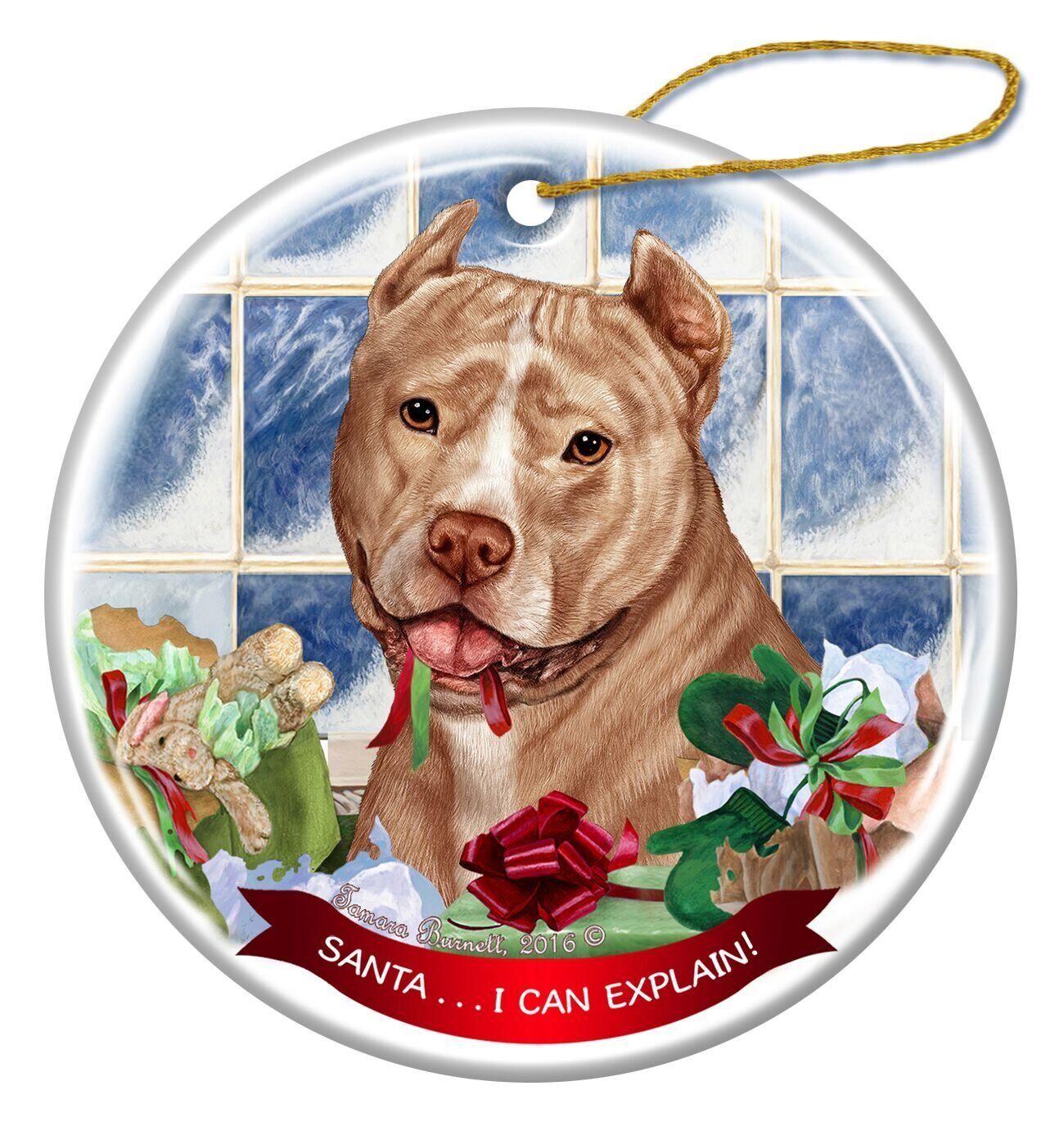 Cream and White Pit Bull Cropped Dog Porcelain Ornament 'Santa.. I Can Explain!'