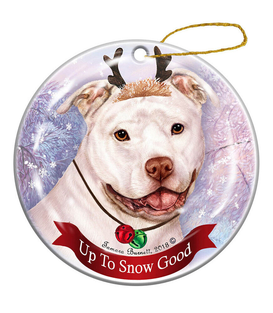 Holiday Pet Gifts White Pit Bull Uncropped Dog Porcelain Christmas Ornament