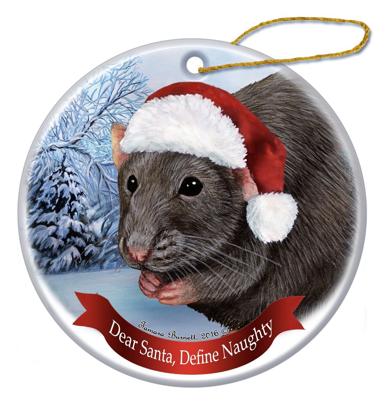 Holiday Pet Gifts Solid Dark Grey Rat Santa Hat Porcelain Christmas Ornament