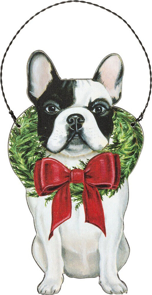 Primitives By Kathy Frenchie French Bulldog Wooden with Wreath Wooden Christmas