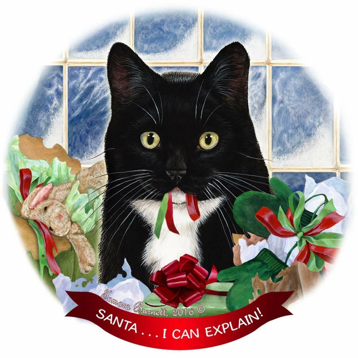 Tuxedo Cat Porcelain Hanging Ornament Pet Gift 'Santa.. I Can Explain!'