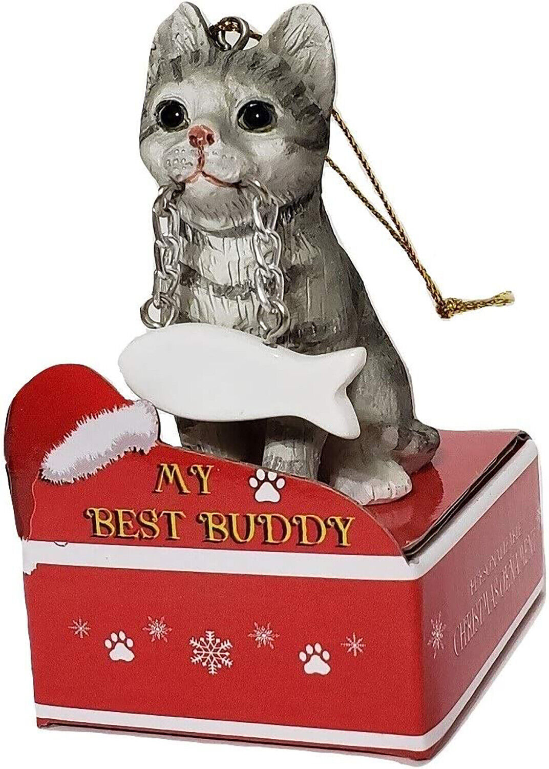 E & S Pets Silver Tabby Cat Statue with Fish Christmas Ornament on Red