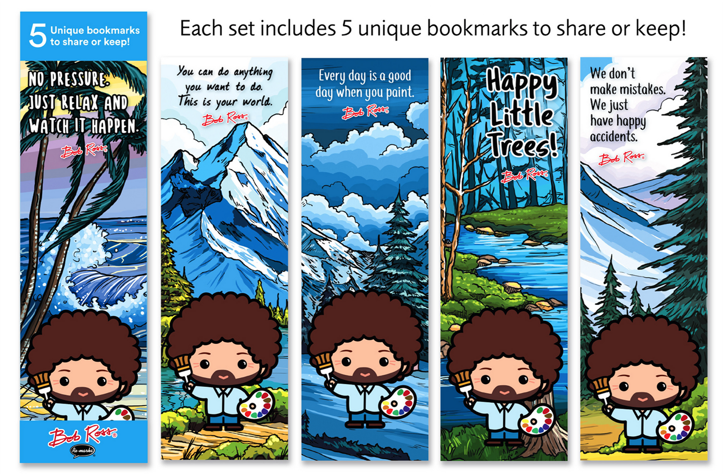 Re-Marks Bob Ross Set of 5 Different 2-Sided Bookmarks