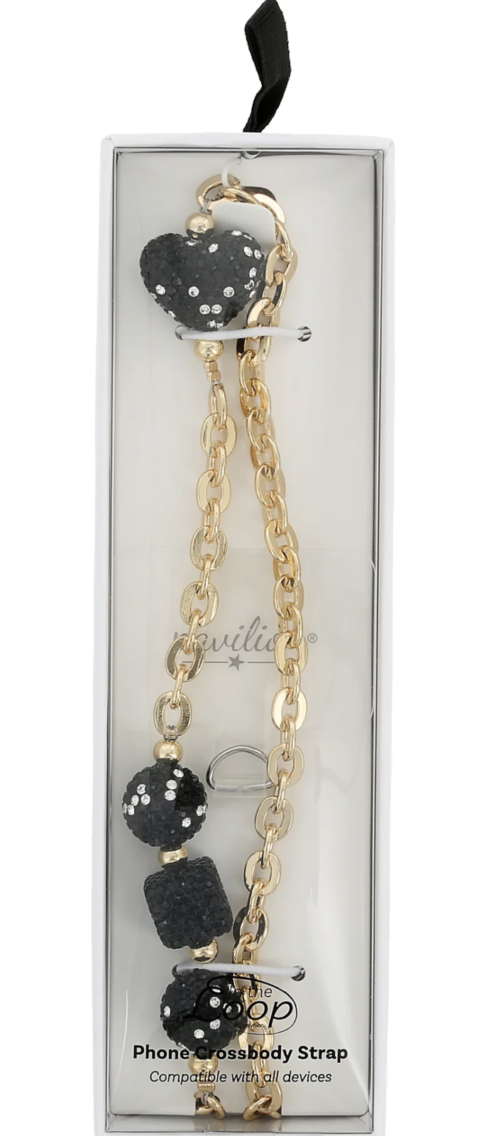 BLACK CRYSTAL CROSSBODY BEADED GOLD PHONE CHAIN, 56"