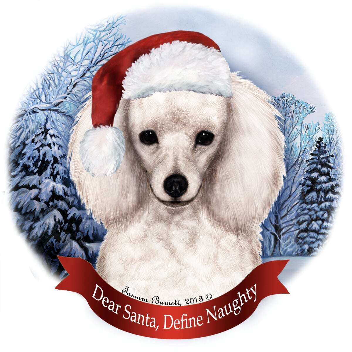 Holiday Pet Gifts Poodle White Santa Hat Dog Porcelain Christmas Tree Ornament