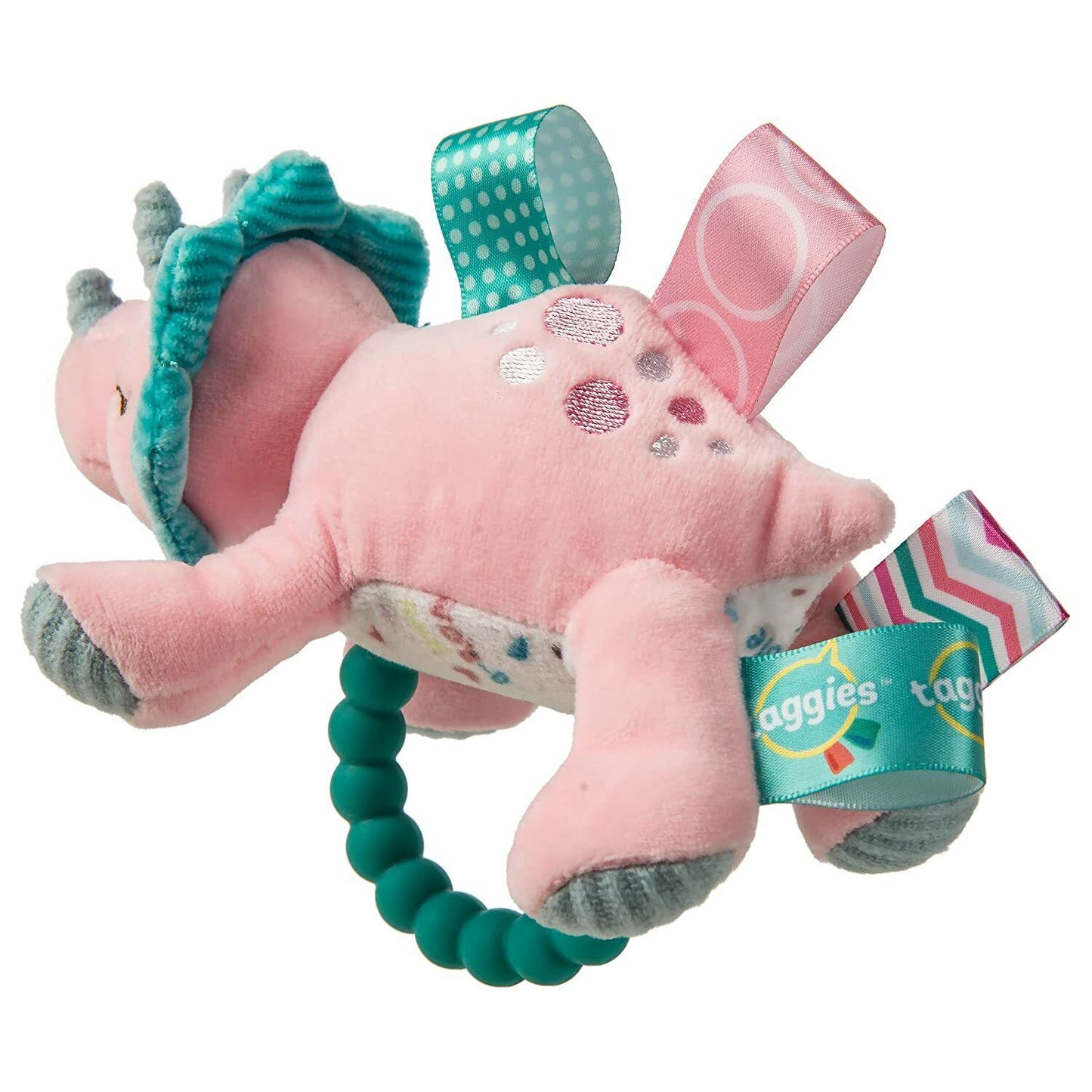 Taggies Soft Baby Rattle with Teether Ring, 6", Aroar-a-Saurus Pink Dinosaur