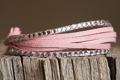 Adjustable Multiple Pink Leather Bands Bracelet with Clear Rhinestones
