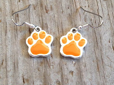 Large Orange Dog Cat Tiger Paw Print Imitation Rhodium Plated Enameled Earrings
