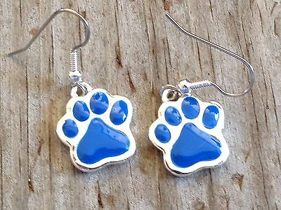 Large Royal Blue Dog Cat Tiger Paw Print Imitation Rhodium Enameled Earrings