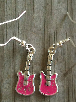 Electric Guitar Pink Enamel 3D Silver Plated Lead Free Pewter Music Earrings