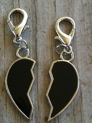 Silver Plated set of 2 Half Hearts Black Hand Enameled Collar Charm/Zipper pulls
