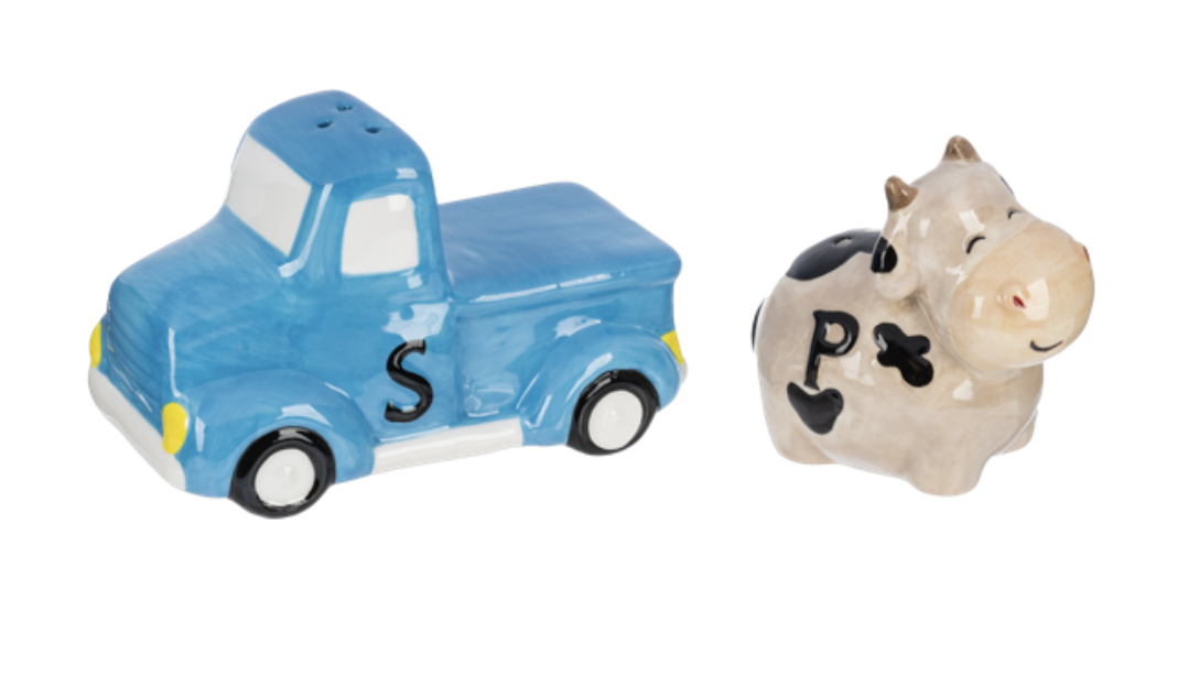 Ganz Bless This Farm Stacking Salt/Pepper Shaker Set, Cow & Red Truck
