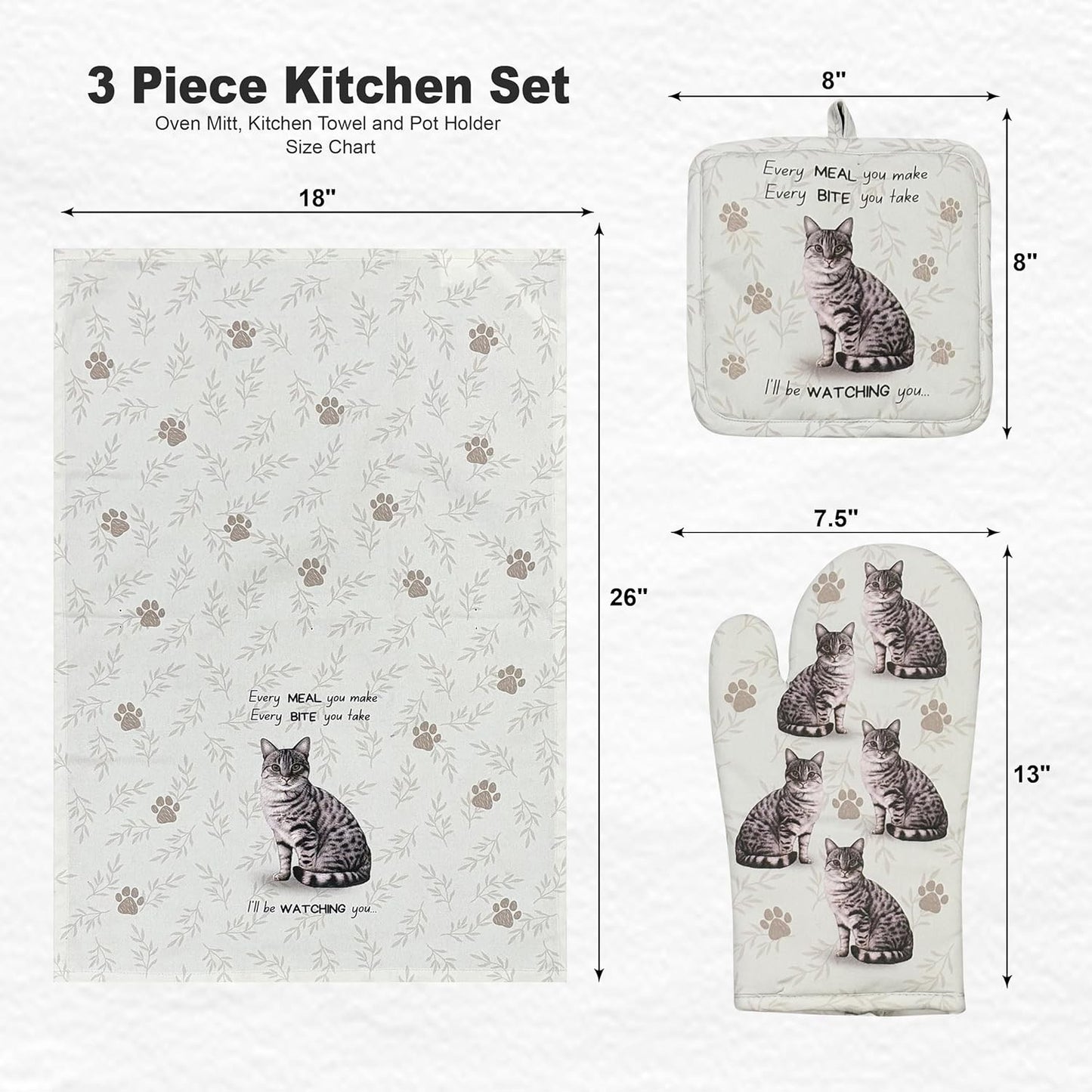 Silver Tabby cat 3-Piece Kitchen Set - Oven Mitt, Pot Holder & Kitchen Towel Set