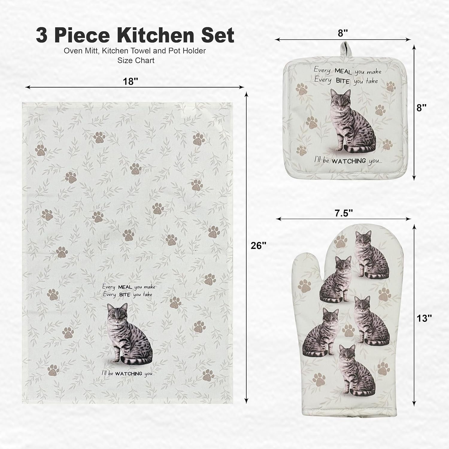 Silver Tabby cat 3-Piece Kitchen Set - Oven Mitt, Pot Holder & Kitchen Towel Set