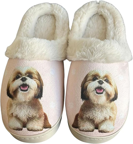 E&S Pets Tan Shih Tzu Snugg Slippers for Pet Lovers - Fuzzy Memory Foam, S/M