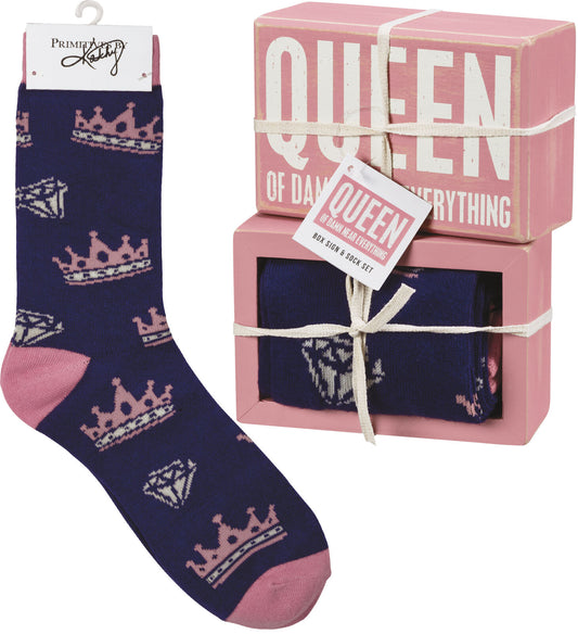 Primitives by Kathy Queen Of Near Everything Box Sign And Socks Giftable Set