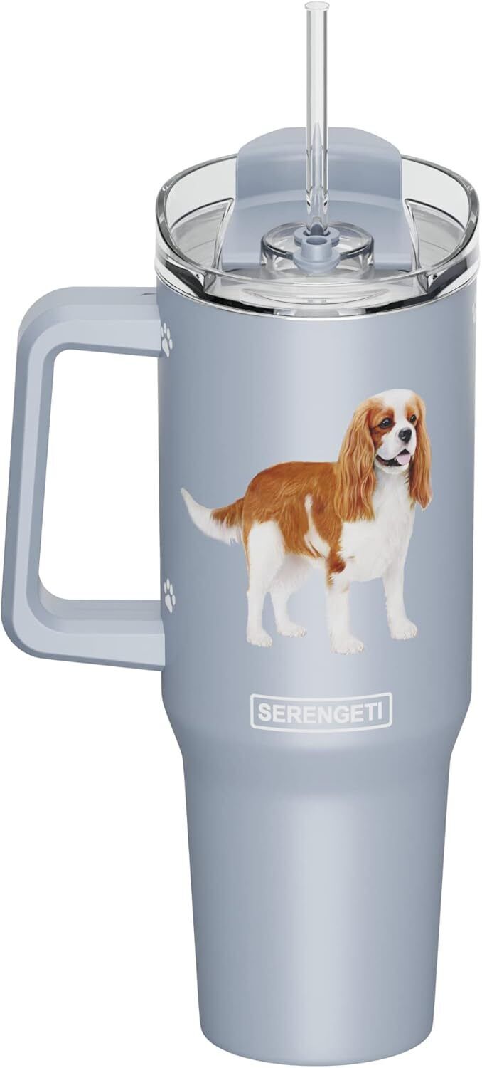 Serengeti 40 Oz King Charles Dog Stainless Steel Tumbler w Handle, Straw & Lid