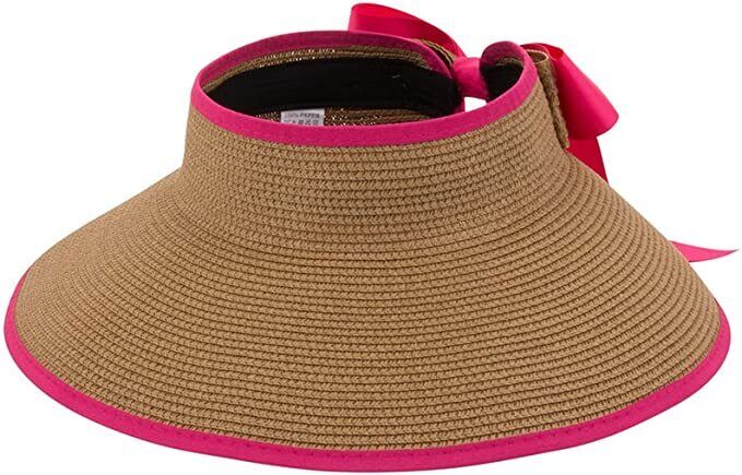 Straw Summer Sun Visor Beach Hat Wide Brim with Bow Adjustable (Pink)