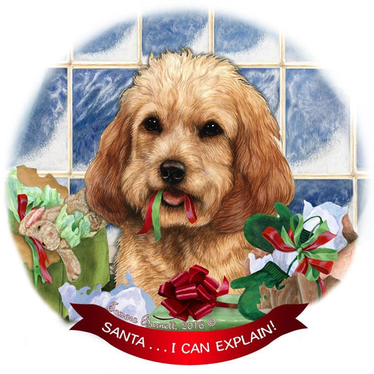 Cockapoo, Blonde Dog Porcelain Hanging Ornament Pet Gift Santa I Can Explain!