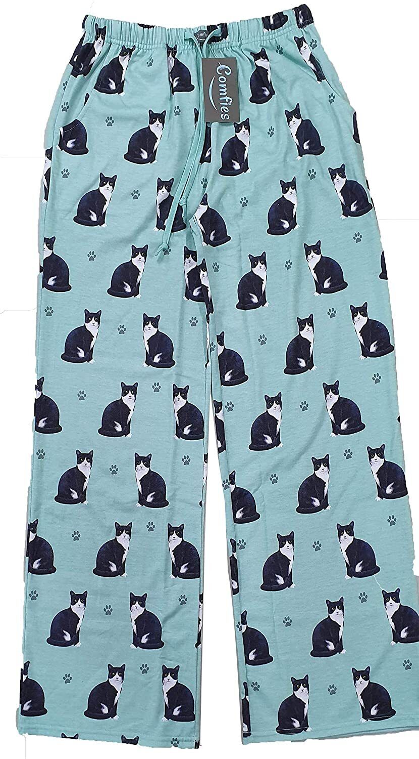 Comfies Unisex Cat Pajama Bottoms with Black and White Tuxedo Cat (Large)