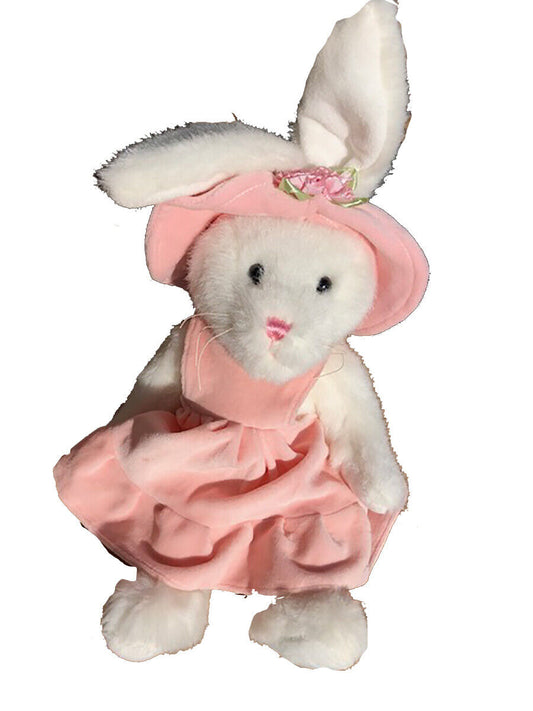 Unipak Jointed Plush Stuffed Animal Cream Bunny with Pink Velour Dress 8”