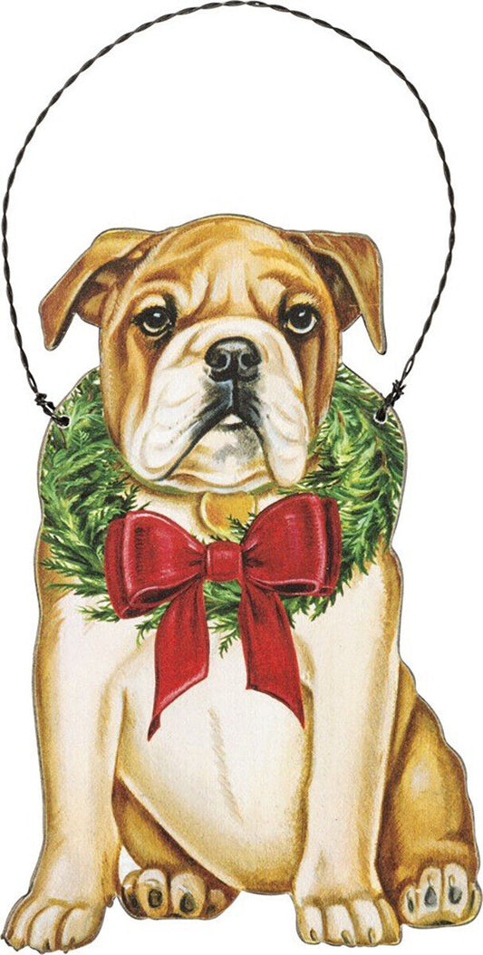Primitives By Kathy Bulldog with Wreath Wooden Christmas Ornament