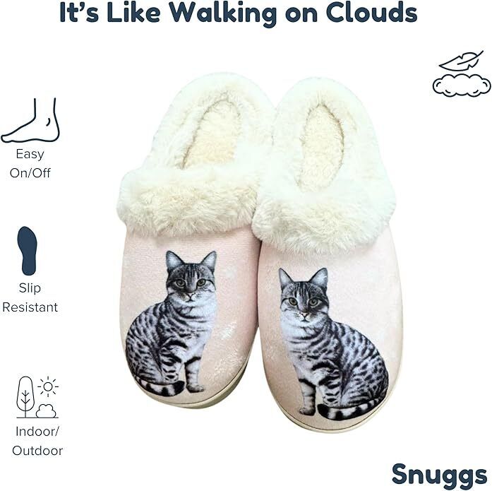 E&S Pets Silver Tabby Cat Snugg Slippers for Pet Lovers - Memory Foam, L/XL