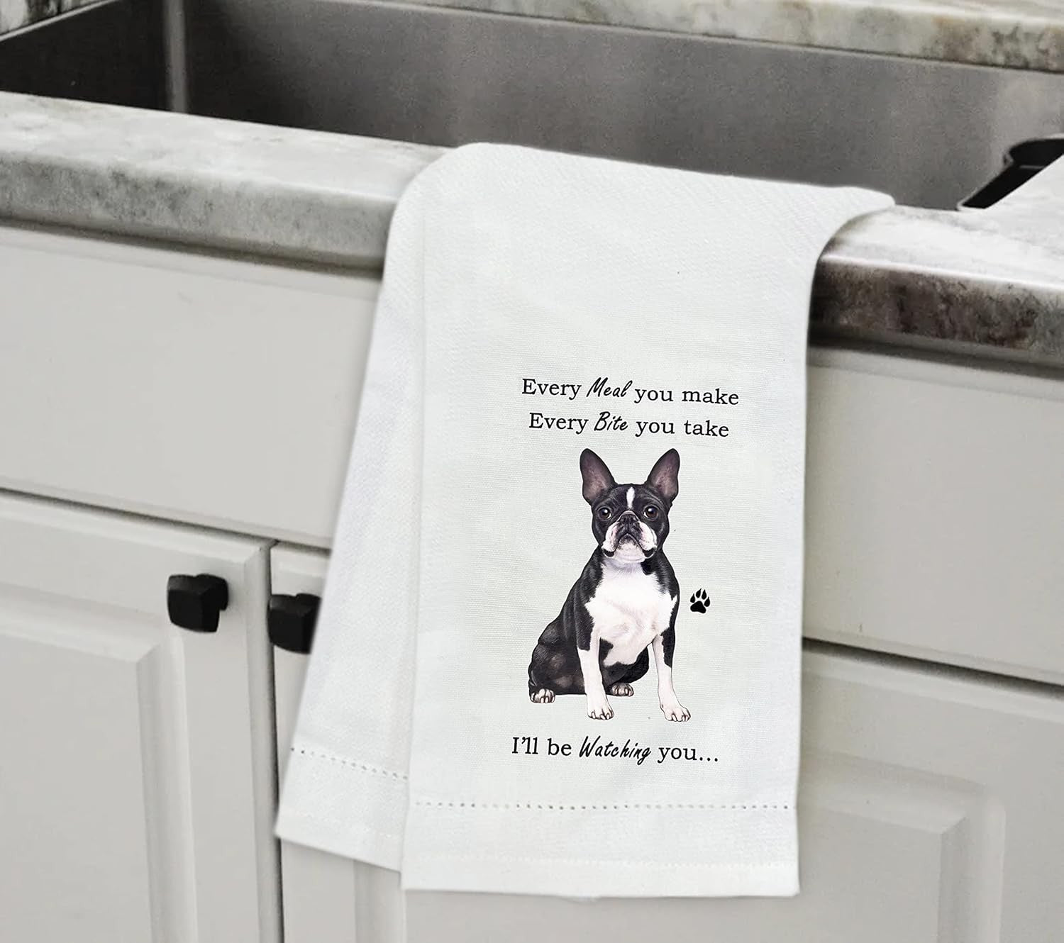 E&S Pets 711-76 Boston Terrier Dog Kitchen Towel, Off-white