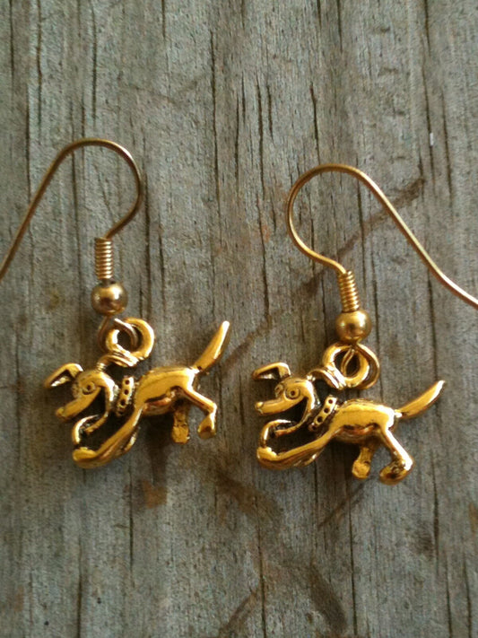 Gold Plated Pewter Running Cartoon Dog Earrings