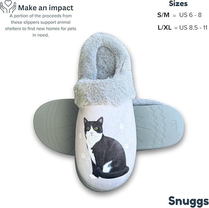 E&S Pets Black/White Cat Snugg Slippers for Pet Lovers - Fuzzy Memory Foam, S/M